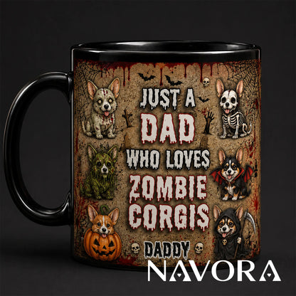 Personalized Zombie Corgis Halloween mug for dad with custom name, zombie, skeleton, vampire, pumpkin, swamp, and grim reaper dogs
