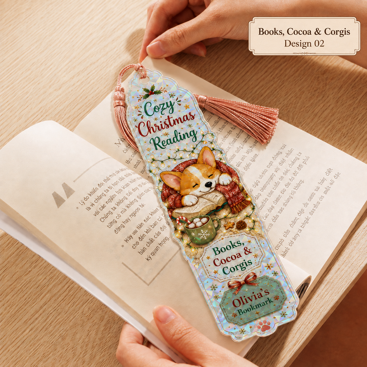 Personalized Cocoa Corgi Christmas Bookmark for Book Lovers