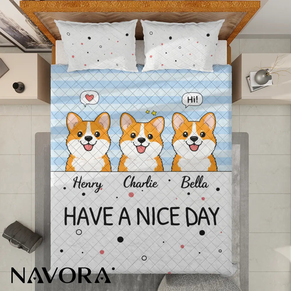 Personalized Corgi Bedding Sets – Cute Cartoon Corgi Bed Set with Custom Dog Names