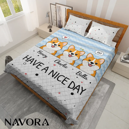 Personalized Corgi Bedding Sets – Cute Cartoon Corgi Bed Set with Custom Dog Names