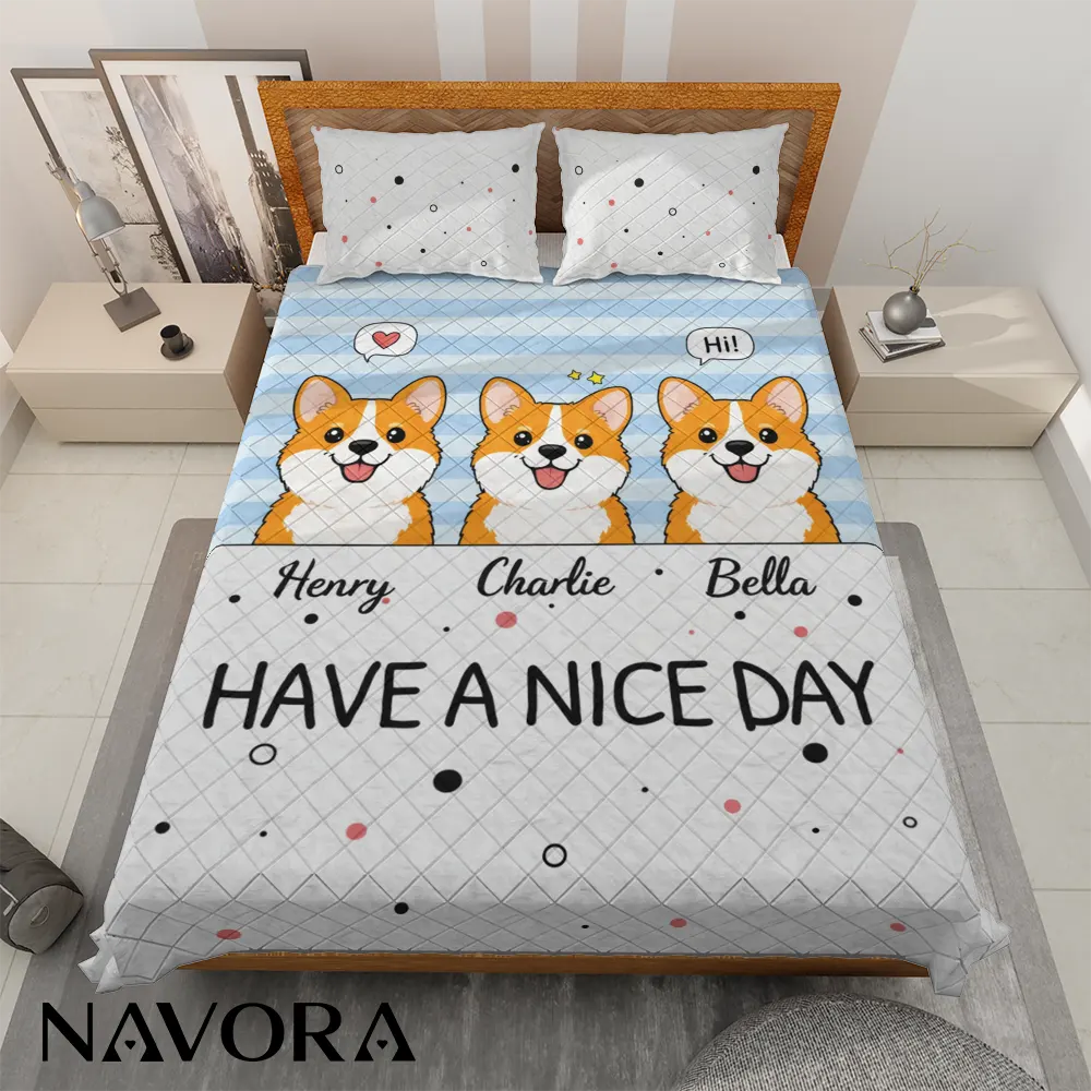 Personalized Corgi Bedding Sets – Cute Cartoon Corgi Bed Set with Custom Dog Names