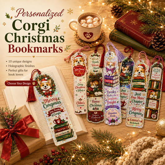 Personalized Corgi Christmas Bookmark Design with Holographic Finish