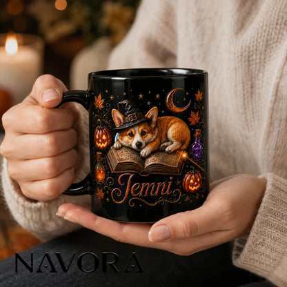 Personalized Corgi Halloween Mug – Cute Witch Corgi Mug with Custom Name