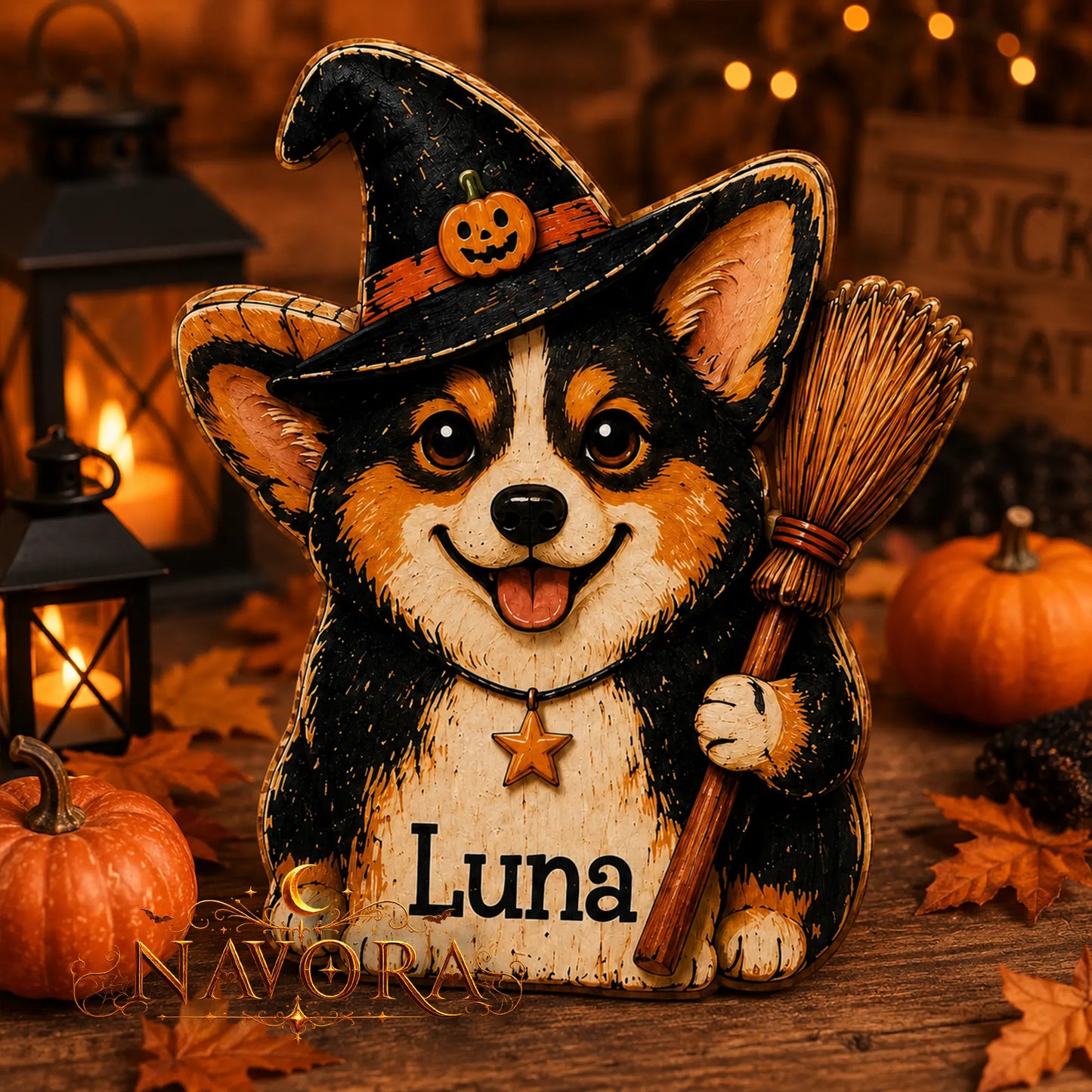 Personalized Halloween Corgi Wooden Block Decor