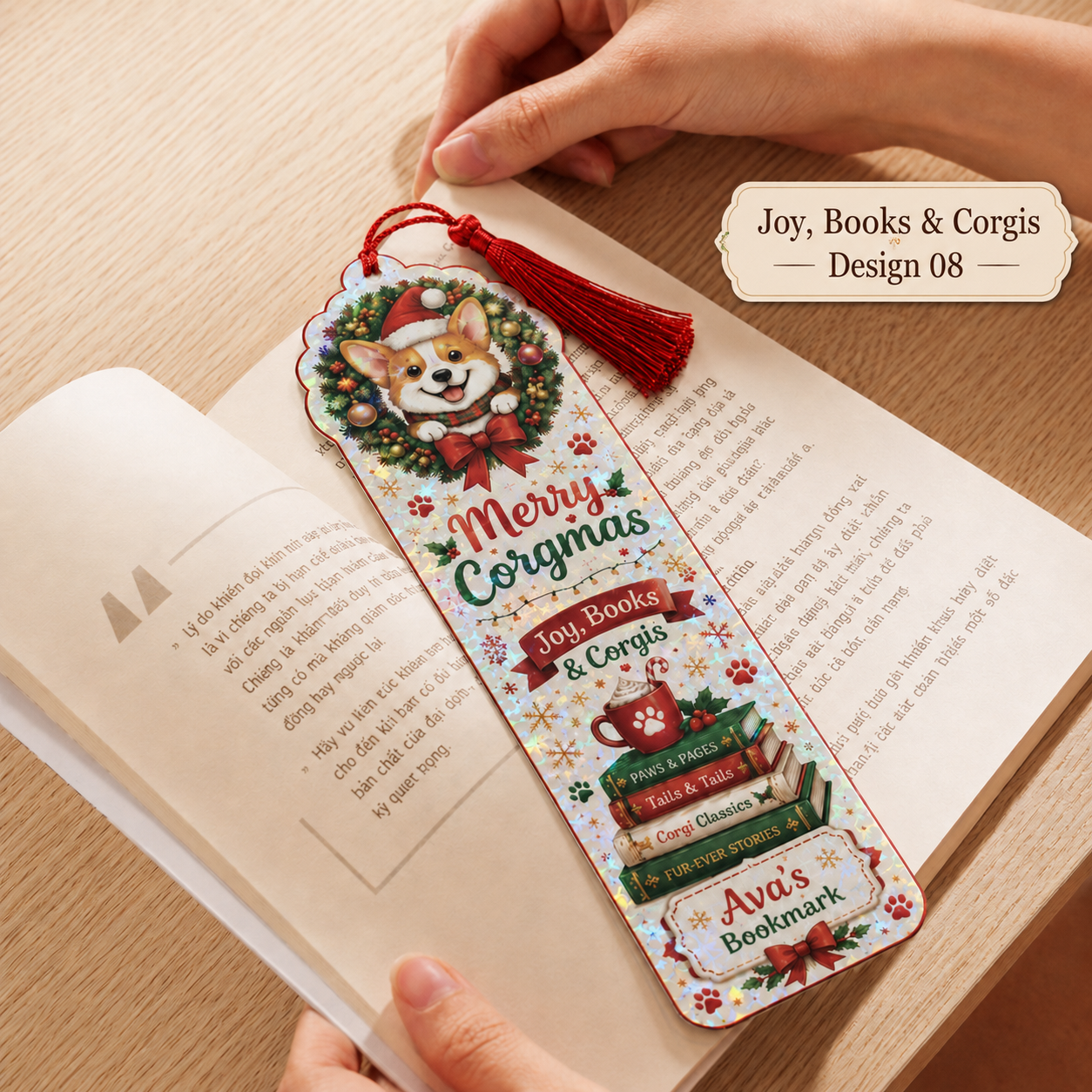 Personalized Sleigh Corgi Christmas Bookmark for Readers