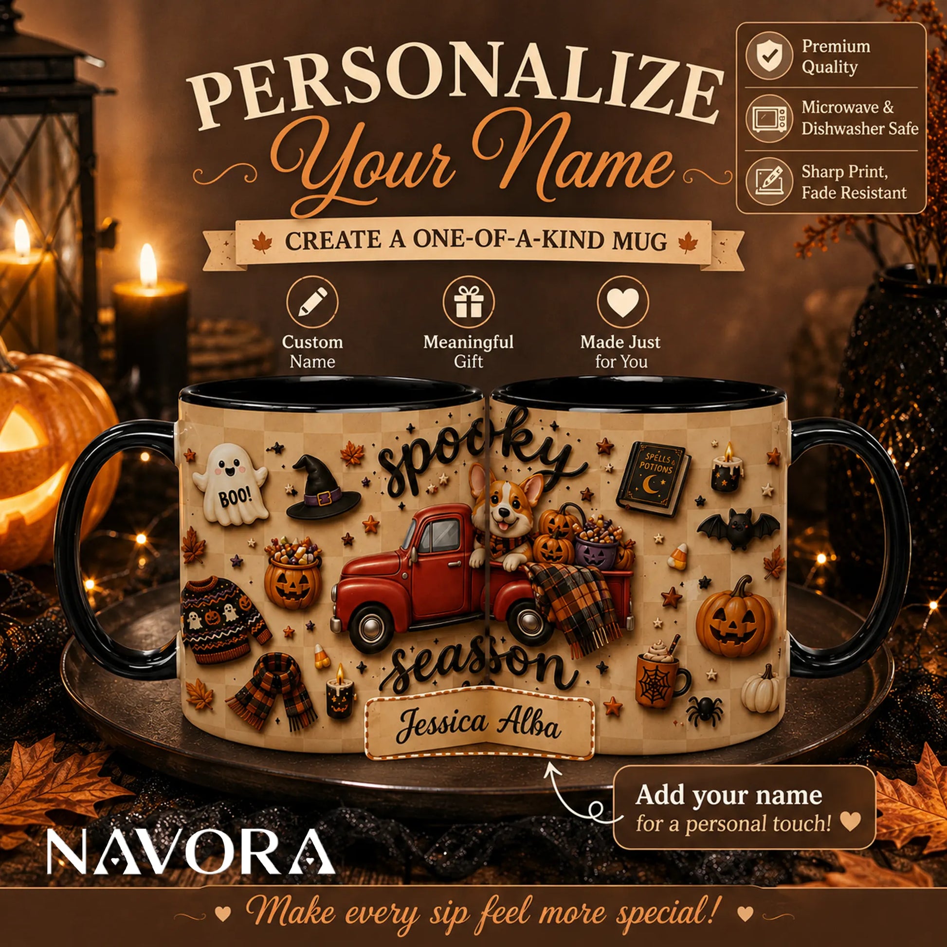 Personalized Spooky Season Corgi mug with red truck, pumpkins, Halloween decorations and custom name