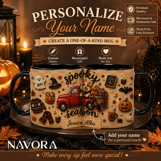 Personalized Spooky Season Corgi mug with red truck, pumpkins, Halloween decorations and custom name