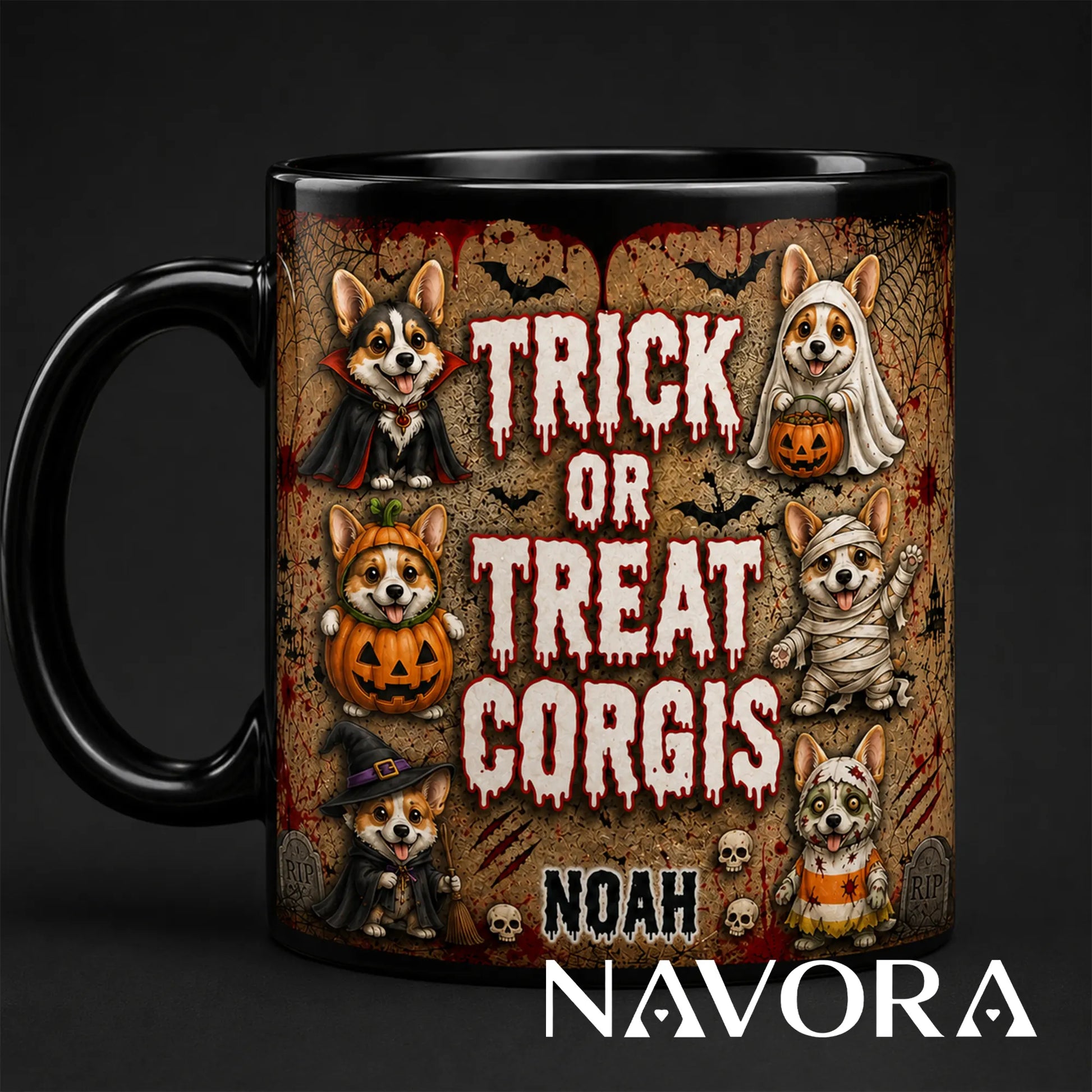 Personalized Trick or Treat Corgis Halloween mug with custom name, vampire, ghost, pumpkin, mummy, witch, and zombie dogs