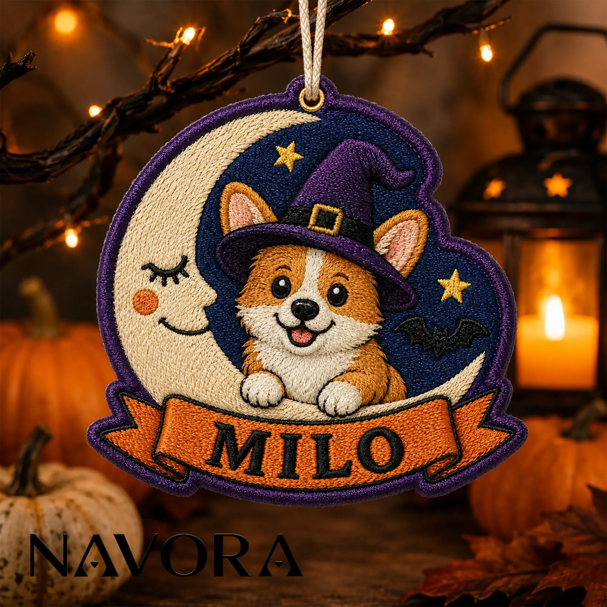 Personalized Witch Corgi Halloween Ornament – Moon Design