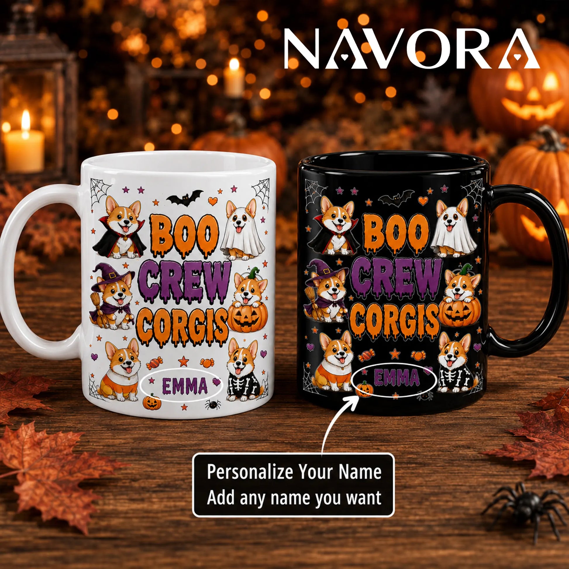 Personalized white Boo Crew Corgis Halloween mug with custom name, vampire, ghost, witch, pumpkin, candy, and skeleton dogs