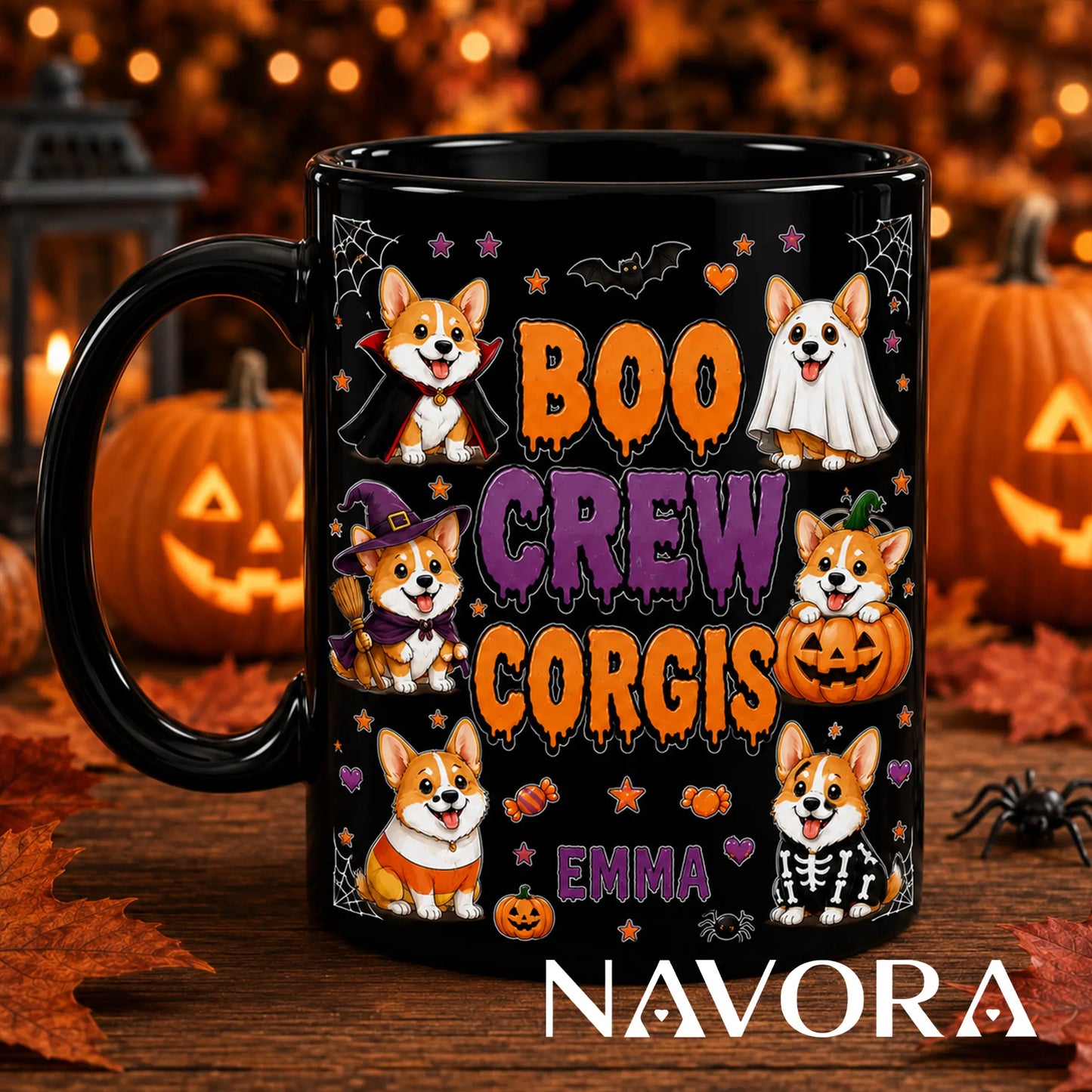 Personalized white Boo Crew Corgis Halloween mug with custom name, vampire, ghost, witch, pumpkin, candy, and skeleton dogs