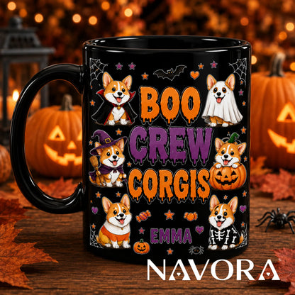 Personalized white Boo Crew Corgis Halloween mug with custom name, vampire, ghost, witch, pumpkin, candy, and skeleton dogs