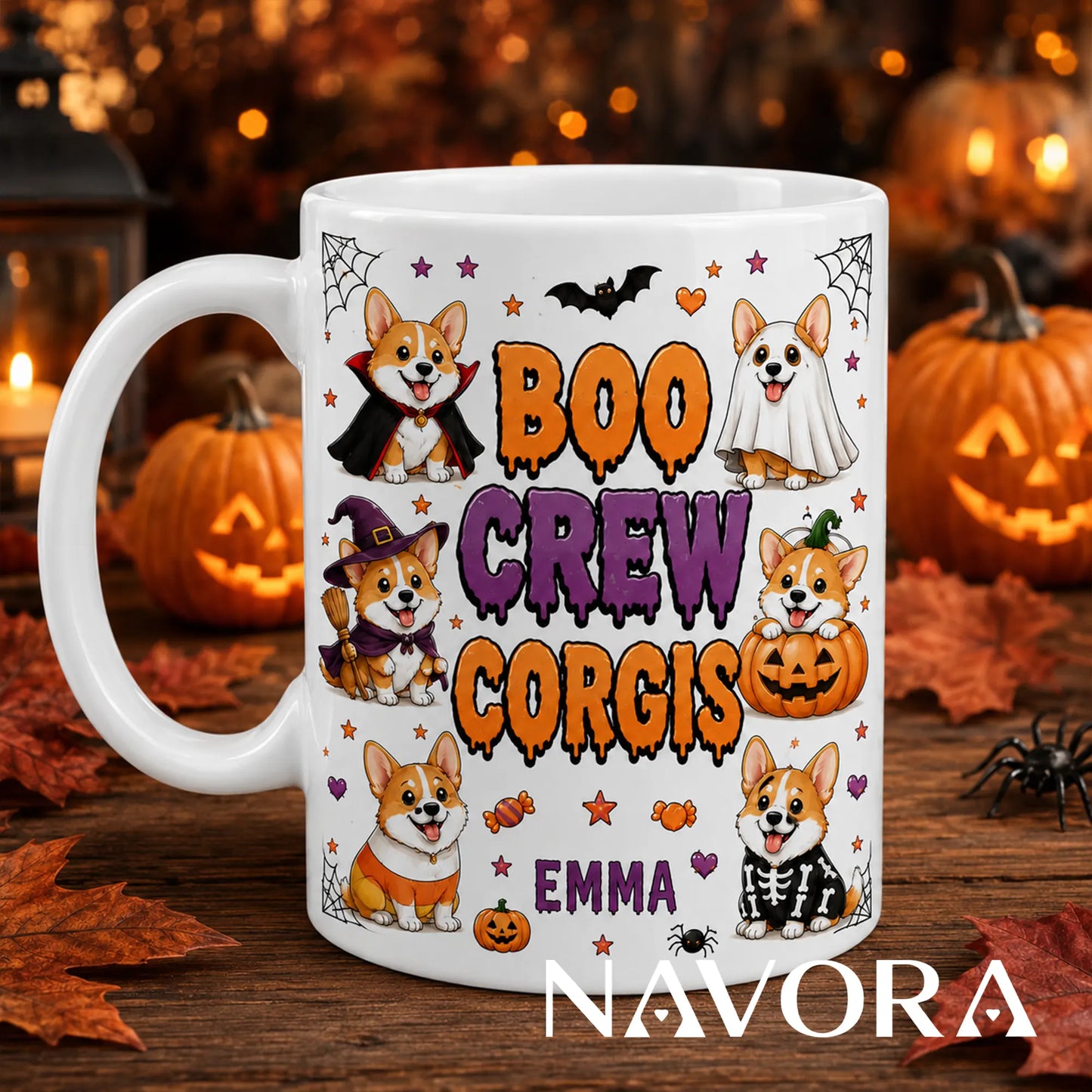 Personalized white Boo Crew Corgis Halloween mug with custom name, vampire, ghost, witch, pumpkin, candy, and skeleton dogs