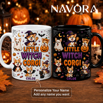 Personalized white Little Witch Corgi Halloween mug with custom name, ghost, witch, pumpkin, vampire, bat, wizard, and black cat design