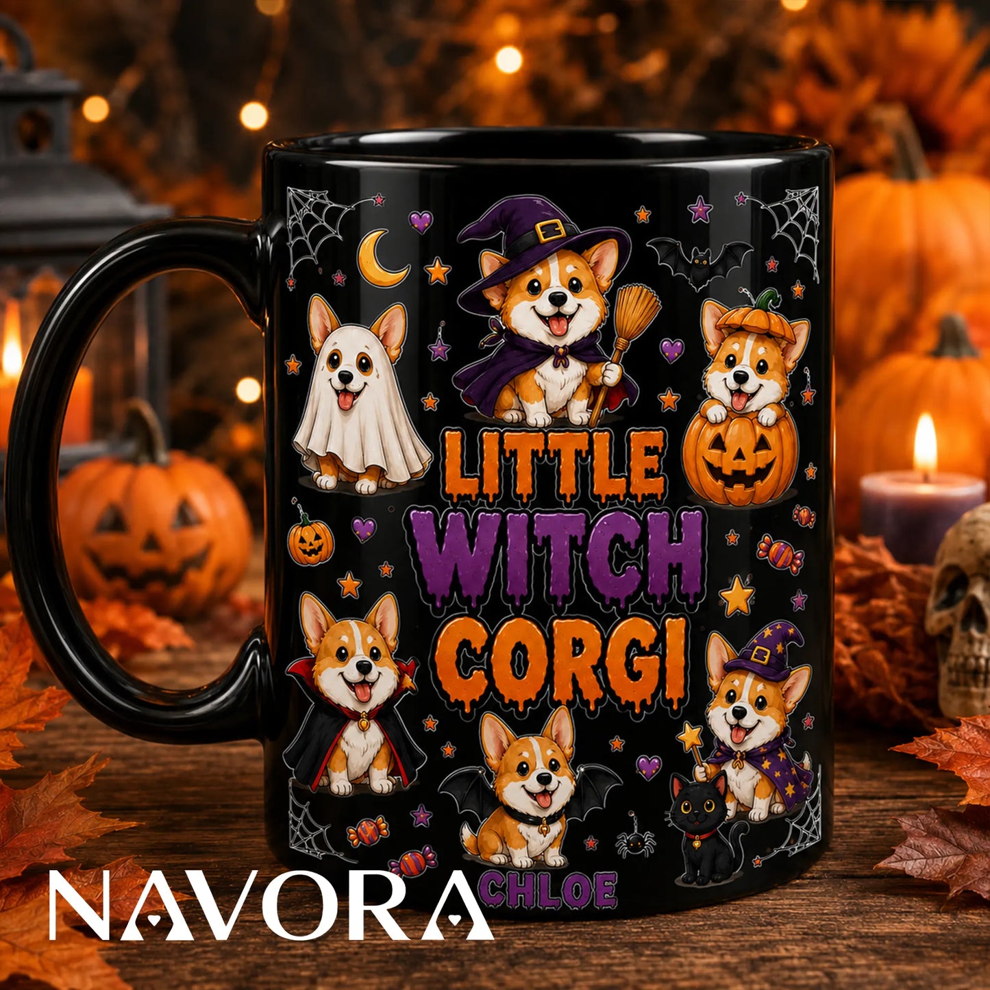 Personalized white Little Witch Corgi Halloween mug with custom name, ghost, witch, pumpkin, vampire, bat, wizard, and black cat design