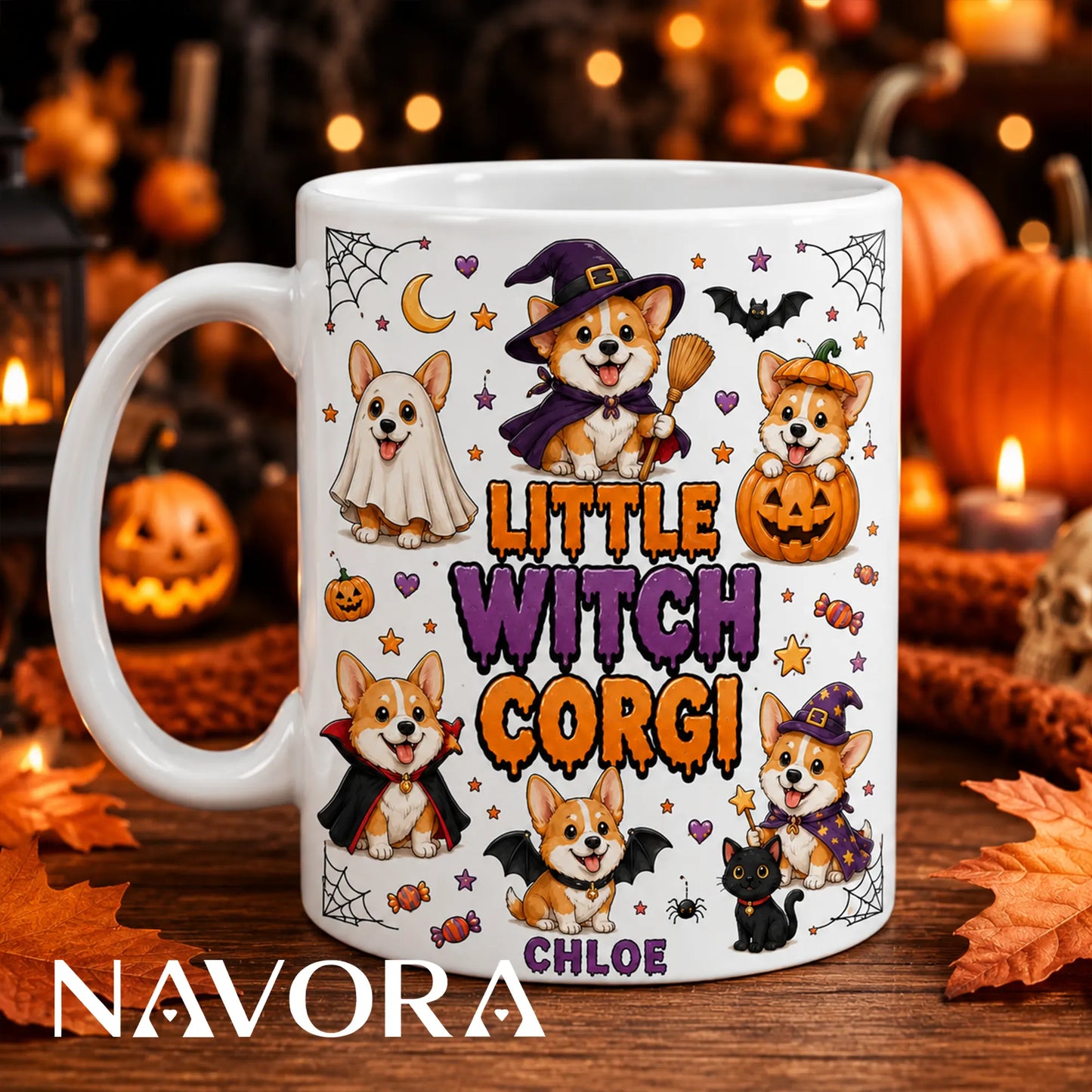 Personalized white Little Witch Corgi Halloween mug with custom name, ghost, witch, pumpkin, vampire, bat, wizard, and black cat design