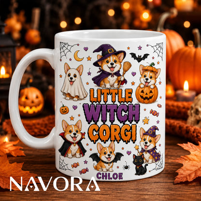 Personalized white Little Witch Corgi Halloween mug with custom name, ghost, witch, pumpkin, vampire, bat, wizard, and black cat design