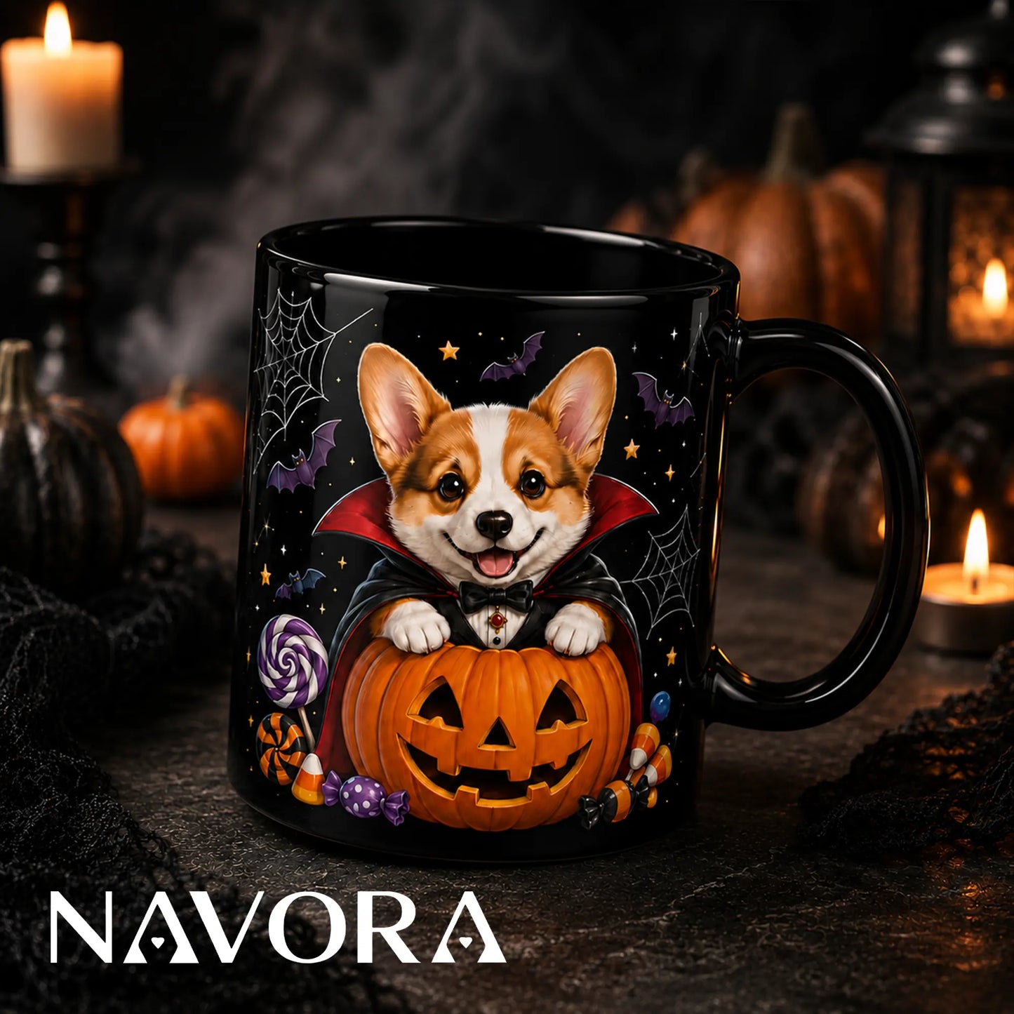 Black Vampire Corgi Halloween mug with jack-o’-lantern, bats, spiderwebs, candy, and Gothic background