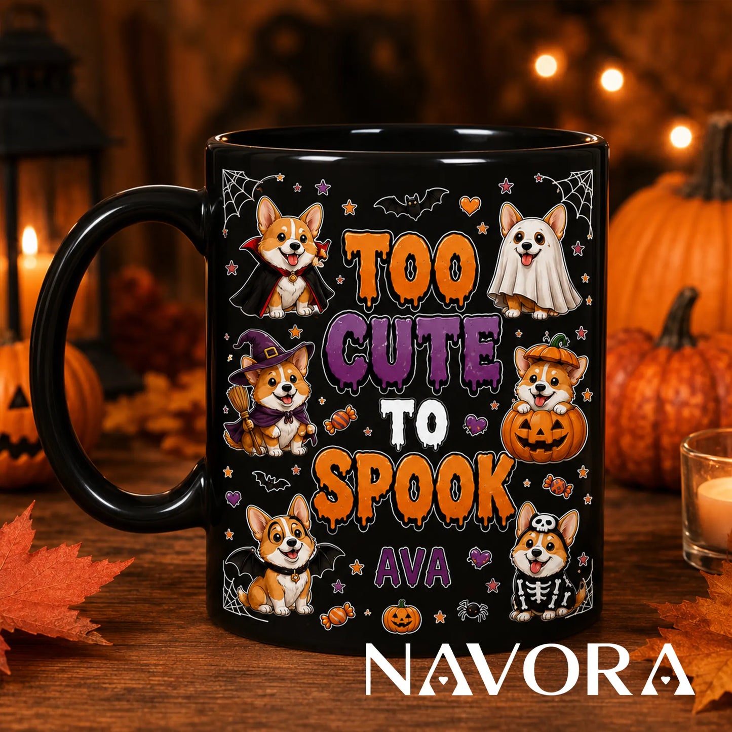 Personalized white Too Cute to Spook Corgi Halloween mug with custom name, vampire, ghost, witch, pumpkin, bat, and skeleton dogs