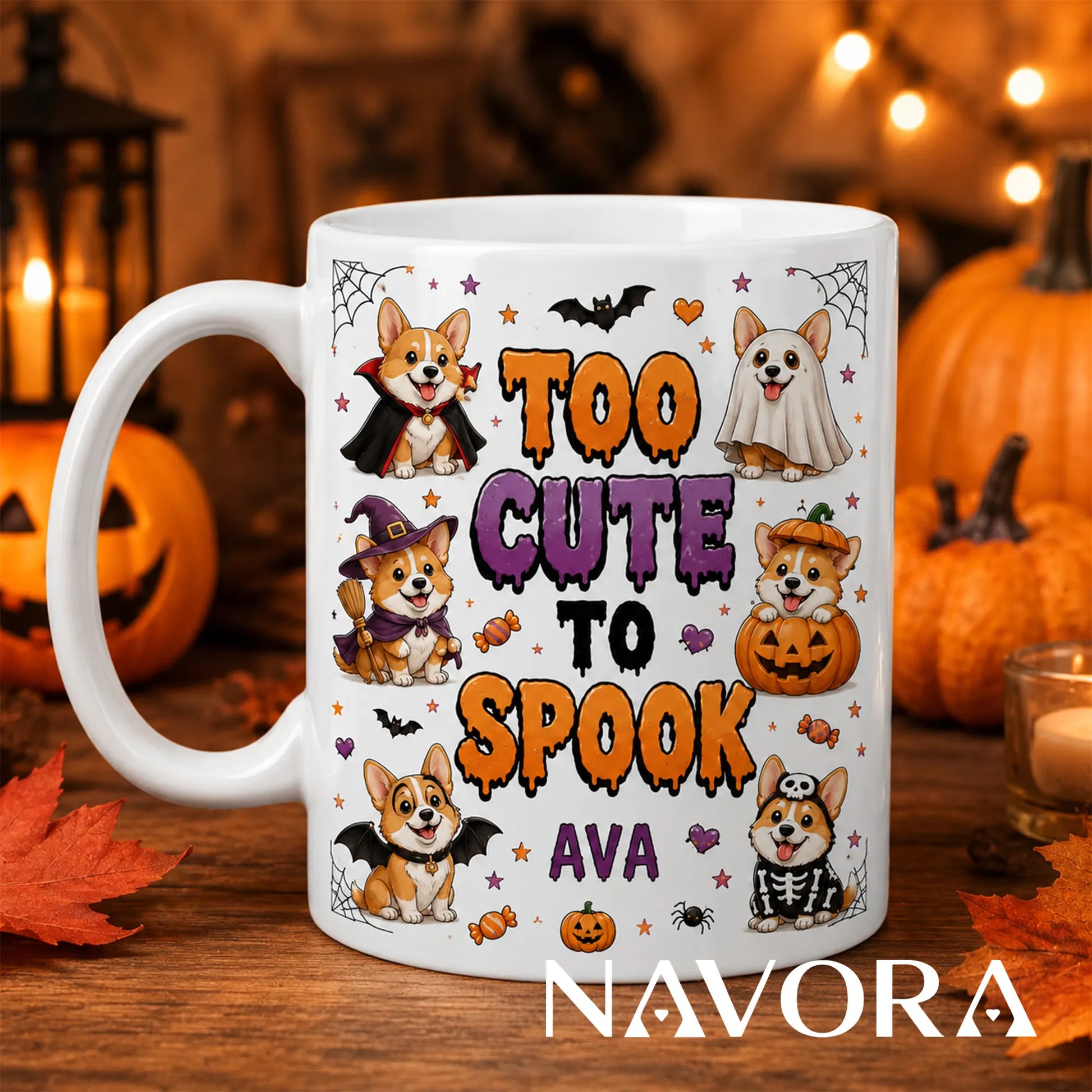 Personalized white Too Cute to Spook Corgi Halloween mug with custom name, vampire, ghost, witch, pumpkin, bat, and skeleton dogs
