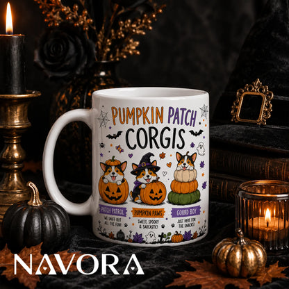 Pumpkin Patch Corgis Mug, Cute Halloween Corgi Cup