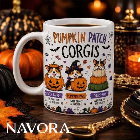 Pumpkin Patch Corgis Mug, Cute Halloween Corgi Cup
