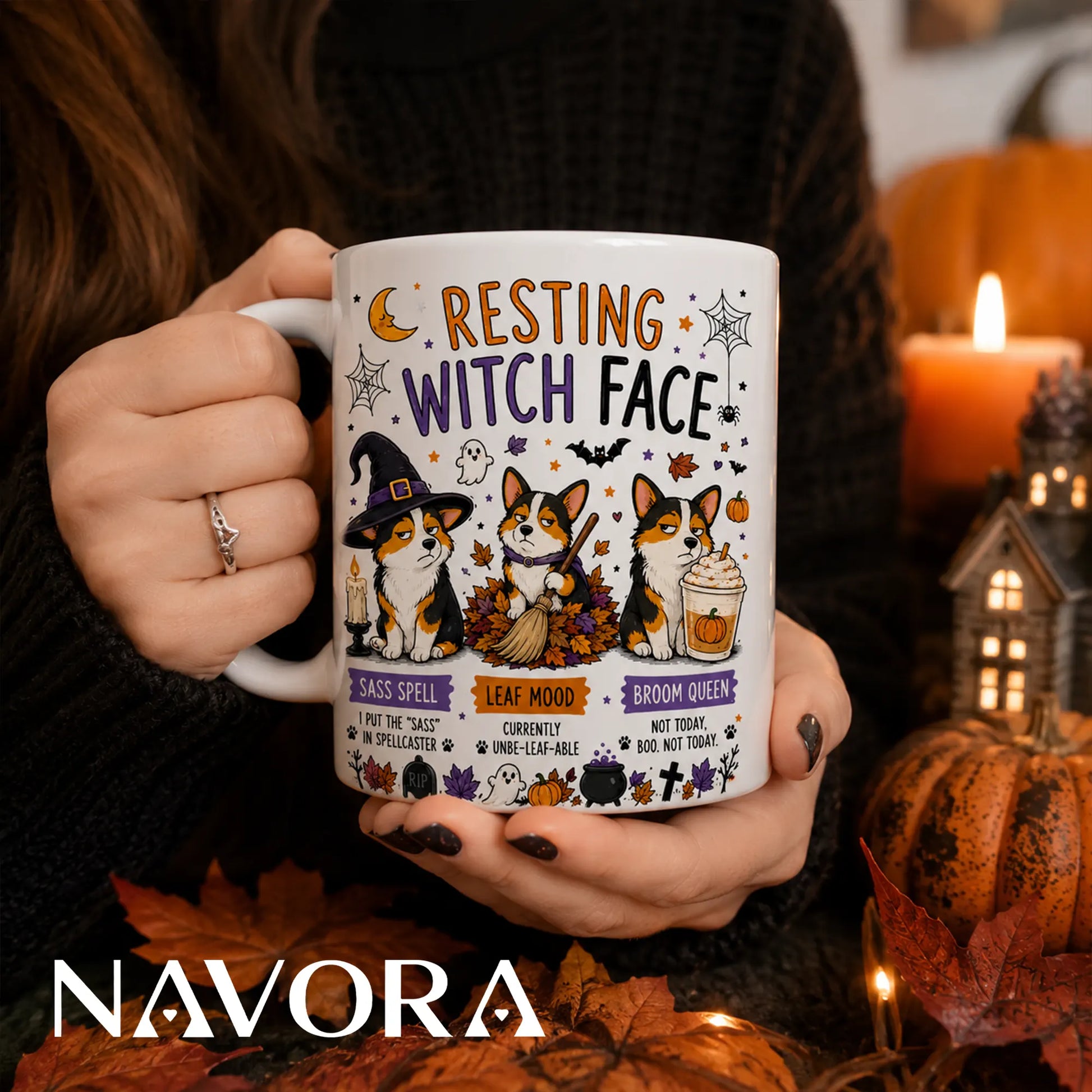 Resting Witch Face Corgi Halloween mug with three grumpy Corgis, witch hat, broom, pumpkins, ghosts, and autumn leaves.