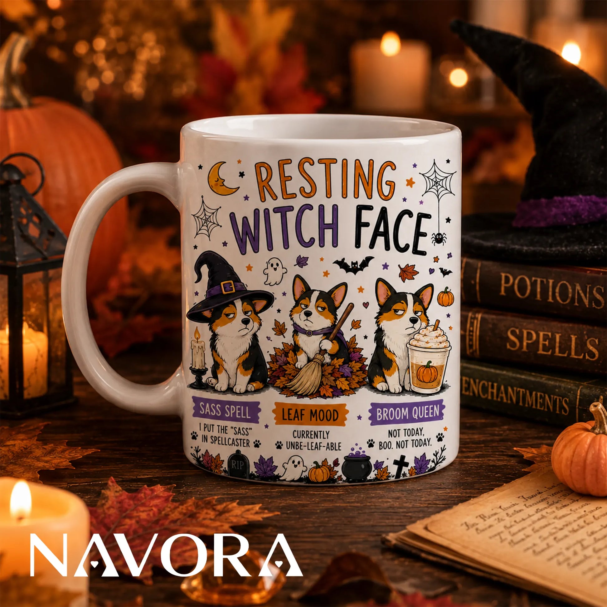 Resting Witch Face Corgi Halloween mug with three grumpy Corgis, witch hat, broom, pumpkins, ghosts, and autumn leaves.
