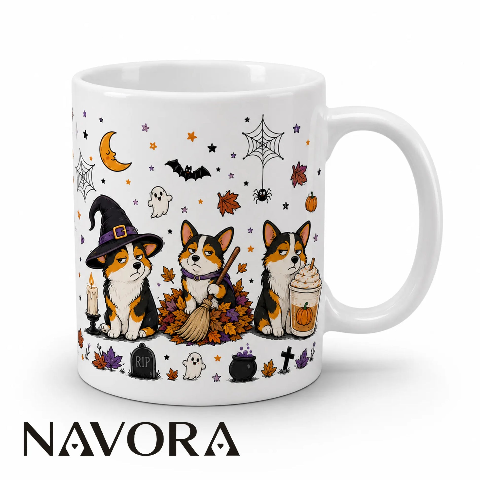 Resting Witch Face Corgi Halloween mug with three grumpy Corgis, witch hat, broom, pumpkins, ghosts, and autumn leaves.