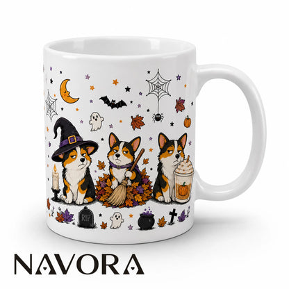 Resting Witch Face Corgi Halloween mug with three grumpy Corgis, witch hat, broom, pumpkins, ghosts, and autumn leaves.