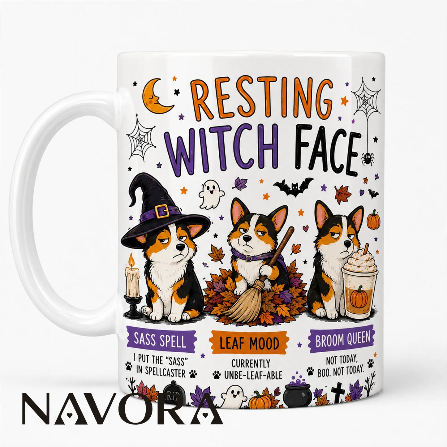 Resting Witch Face Corgi Halloween mug with three grumpy Corgis, witch hat, broom, pumpkins, ghosts, and autumn leaves.