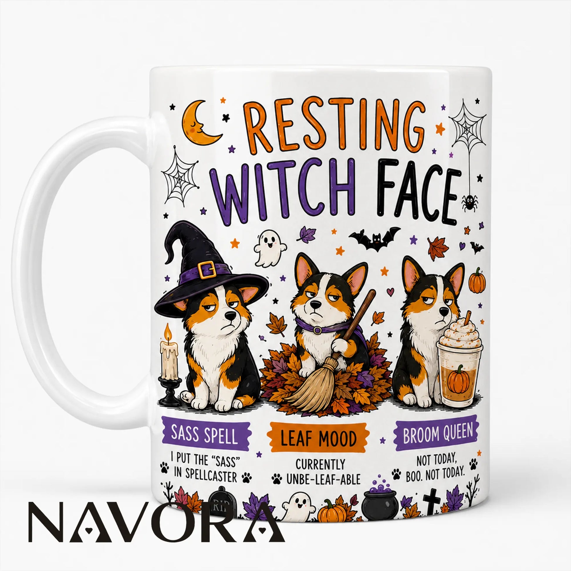 Resting Witch Face Corgi Halloween mug with three grumpy Corgis, witch hat, broom, pumpkins, ghosts, and autumn leaves.