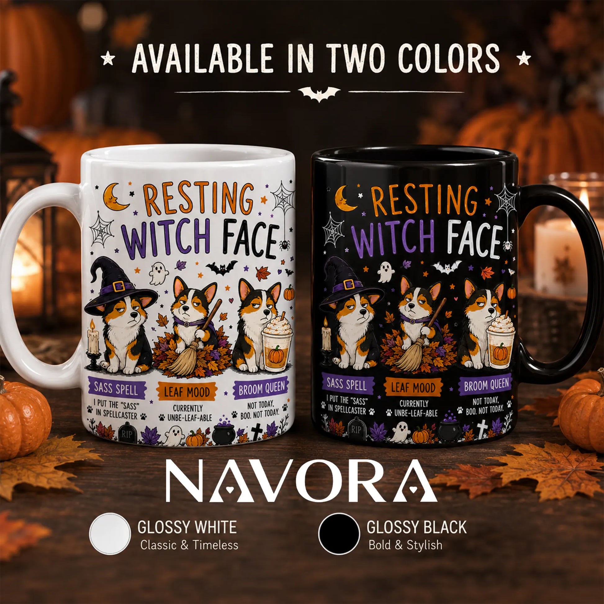 Resting Witch Face Corgi Halloween mug with three grumpy Corgis, witch hat, broom, pumpkins, ghosts, and autumn leaves.