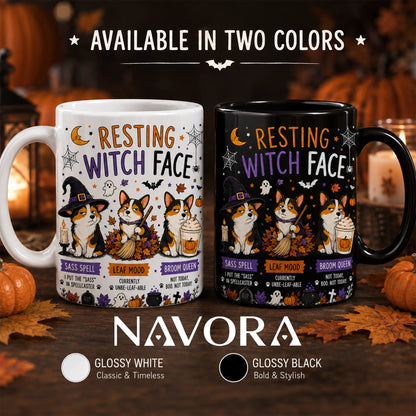 Resting Witch Face Corgi Halloween mug with three grumpy Corgis, witch hat, broom, pumpkins, ghosts, and autumn leaves.