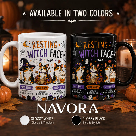 Resting Witch Face Corgi Halloween mug with three grumpy Corgis, witch hat, broom, pumpkins, ghosts, and autumn leaves.