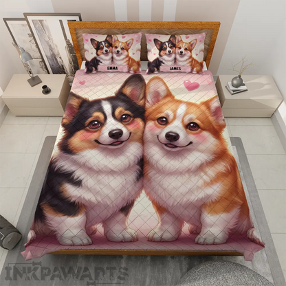 Romantic Corgi Quilt Love Edition Cute Corgi Bedding Set for Couples & Valentine Gifts