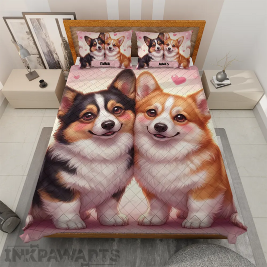 Romantic Corgi Quilt Love Edition Cute Corgi Bedding Set for Couples & Valentine Gifts