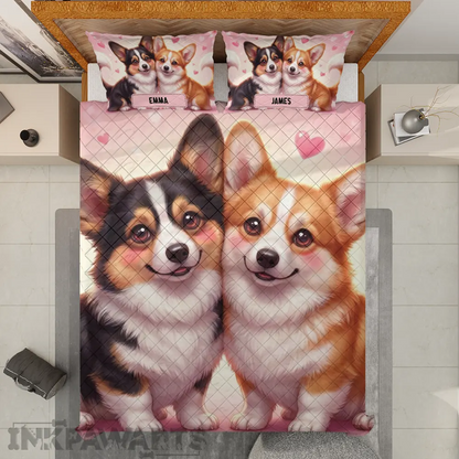 Romantic Corgi Quilt Love Edition Cute Corgi Bedding Set for Couples & Valentine Gifts