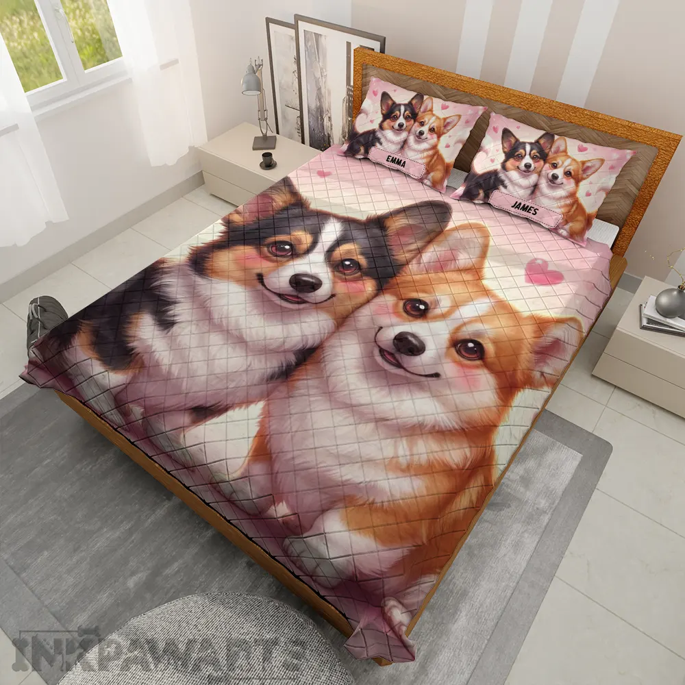 Romantic Corgi Quilt Love Edition Cute Corgi Bedding Set for Couples & Valentine Gifts