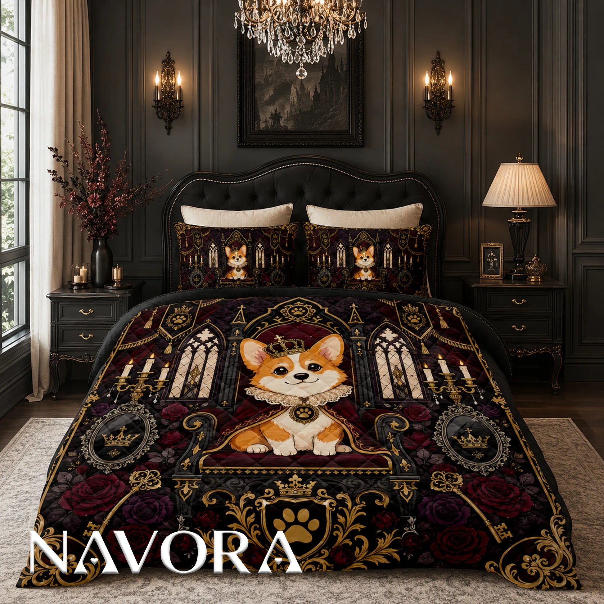 Royal Gothic Corgi quilt featuring a crowned Corgi on an ornate throne with cathedral windows, candles, red roses and gold decorations