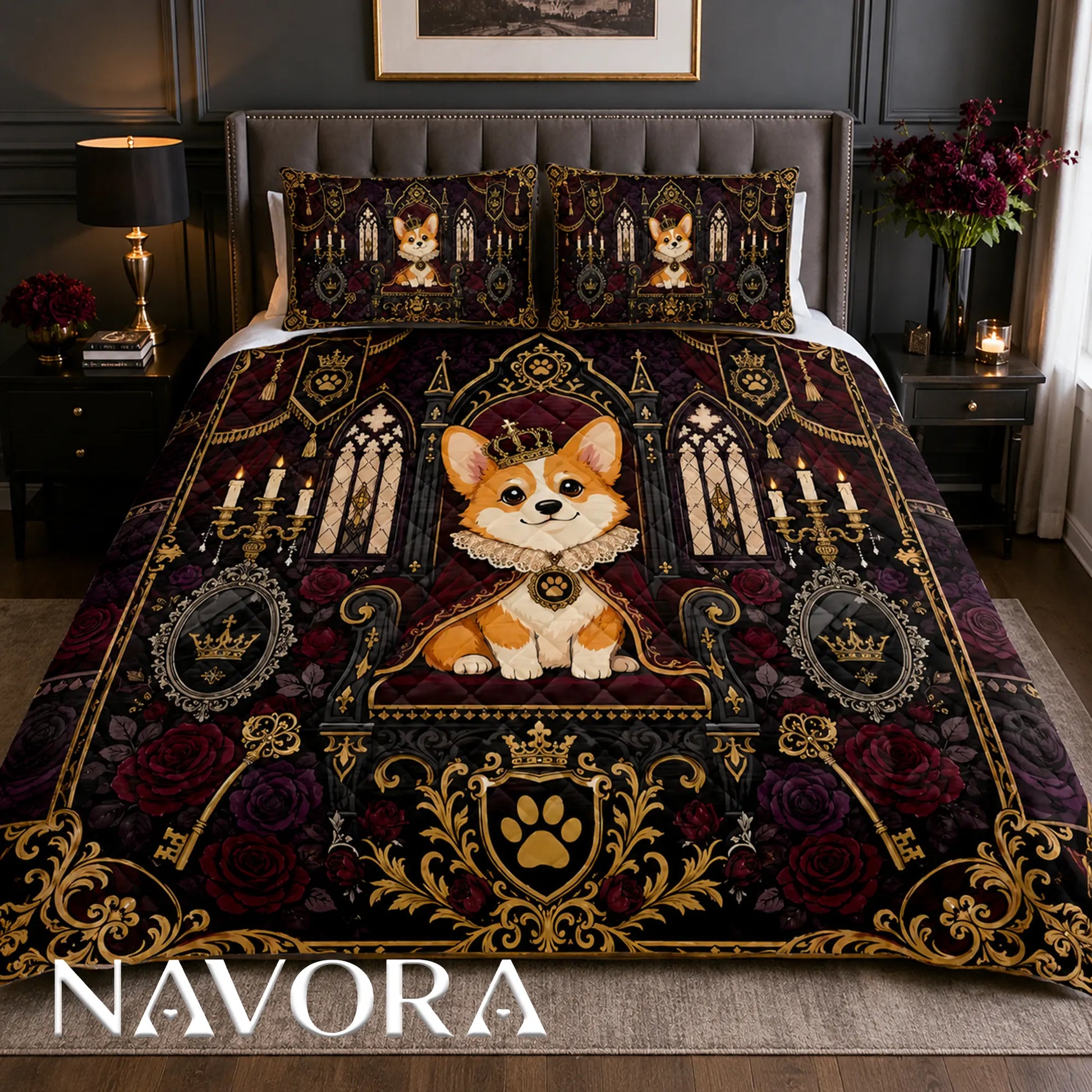 Royal Gothic Corgi quilt featuring a crowned Corgi on an ornate throne with cathedral windows, candles, red roses and gold decorations