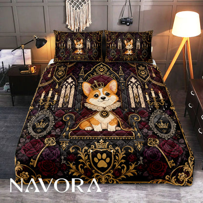 Royal Gothic Corgi quilt featuring a crowned Corgi on an ornate throne with cathedral windows, candles, red roses and gold decorations