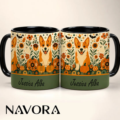 Personalized Corgi Halloween Accent Mug – Floral Pumpkin Mug With Custom Name