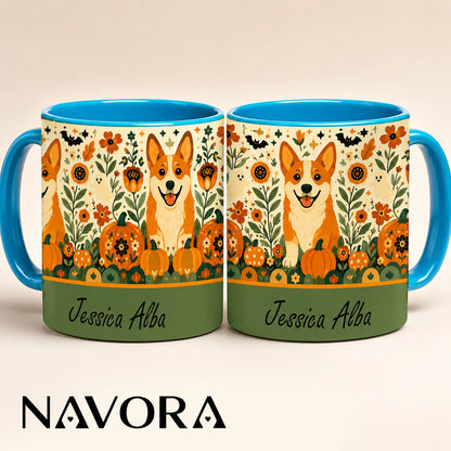 Personalized Corgi Halloween accent mug with custom name, pumpkins, autumn flowers, ghosts and orange handle
