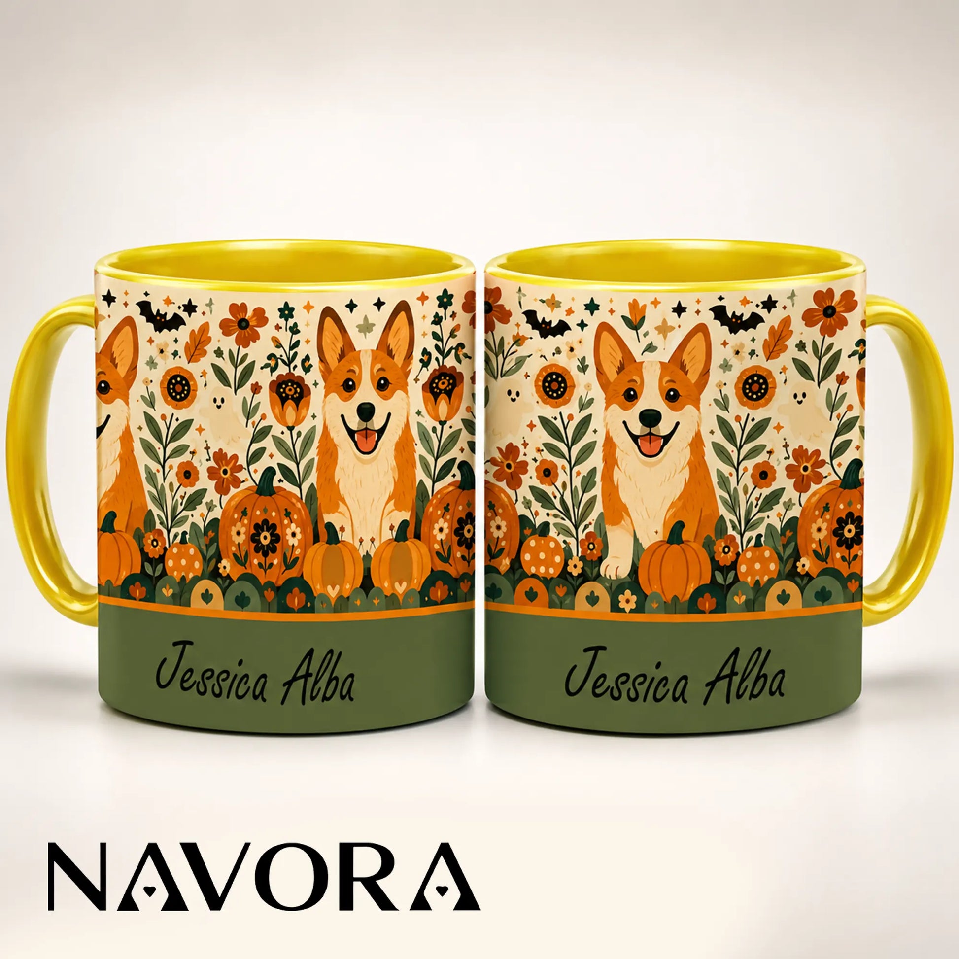 Personalized Corgi Halloween accent mug with custom name, pumpkins, autumn flowers, ghosts and orange handle