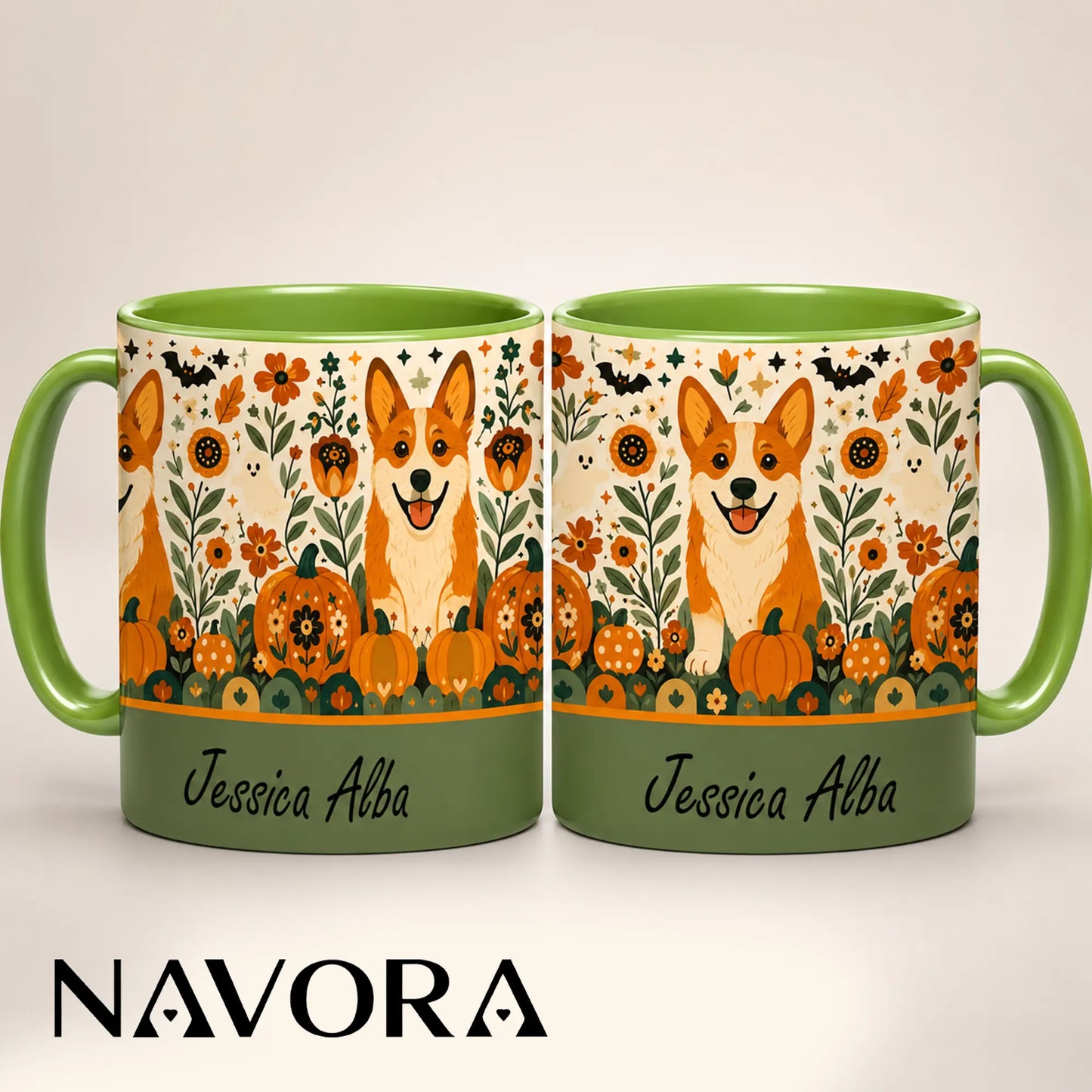 Personalized Corgi Halloween accent mug with custom name, pumpkins, autumn flowers, ghosts and orange handle