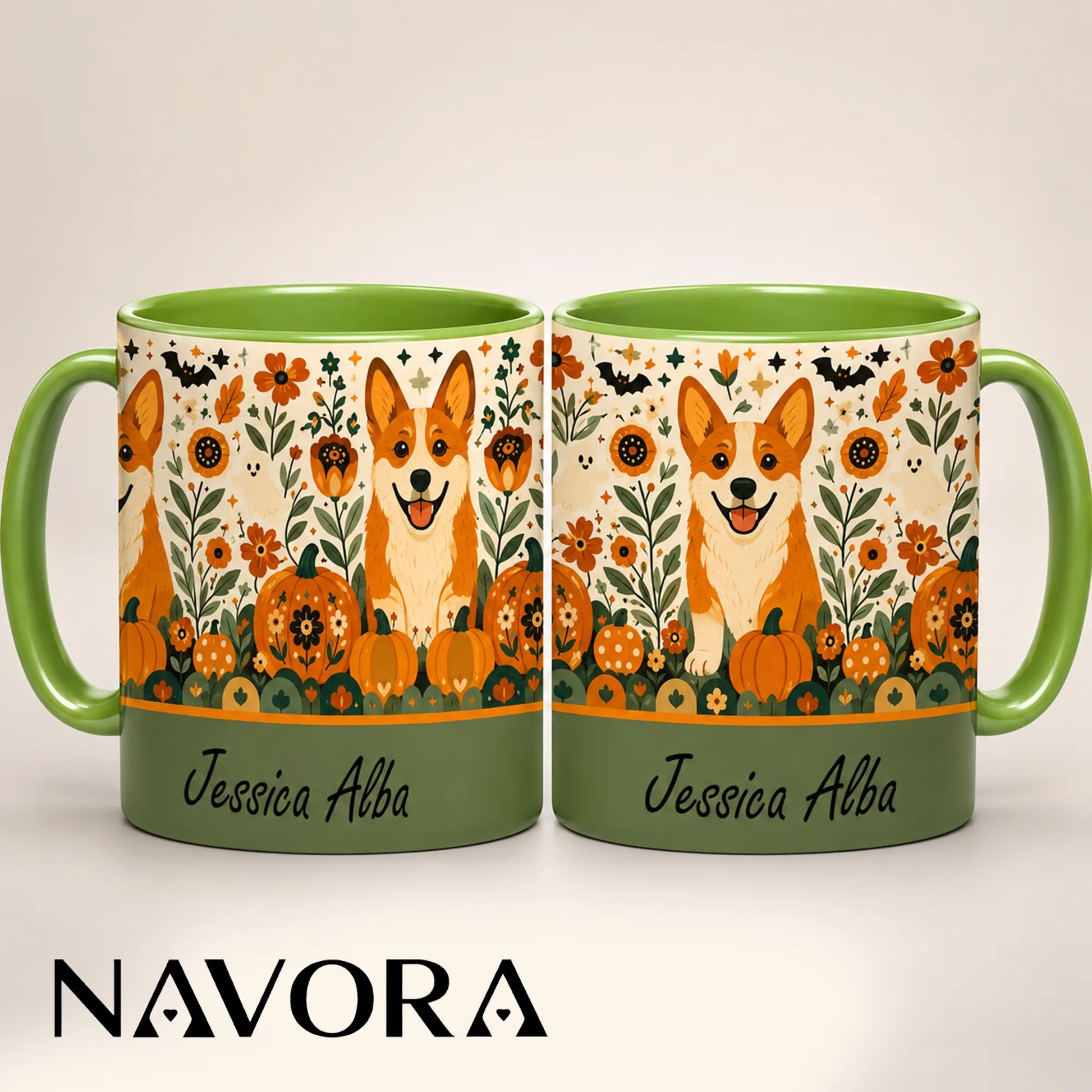 Personalized Corgi Halloween accent mug with custom name, pumpkins, autumn flowers, ghosts and orange handle