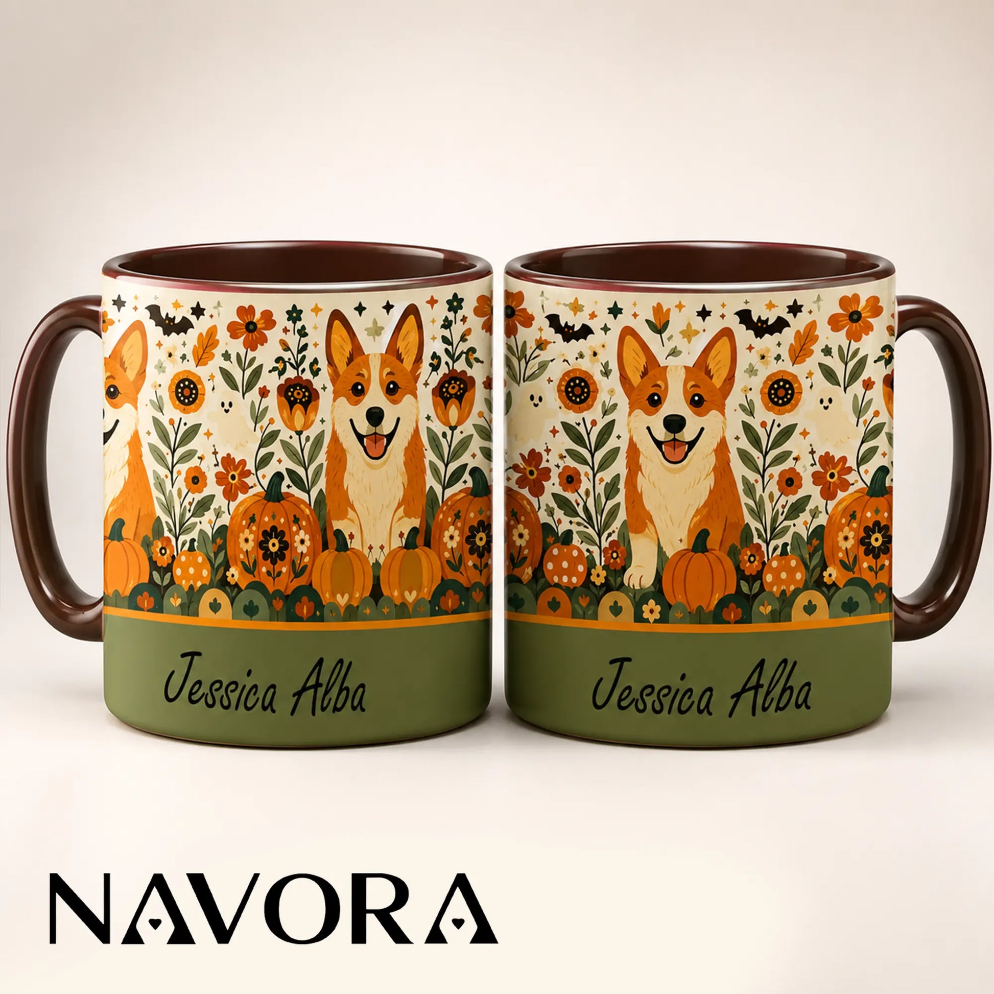 Personalized Corgi Halloween accent mug with custom name, pumpkins, autumn flowers, ghosts and orange handle