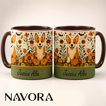 Personalized Corgi Halloween accent mug with custom name, pumpkins, autumn flowers, ghosts and orange handle