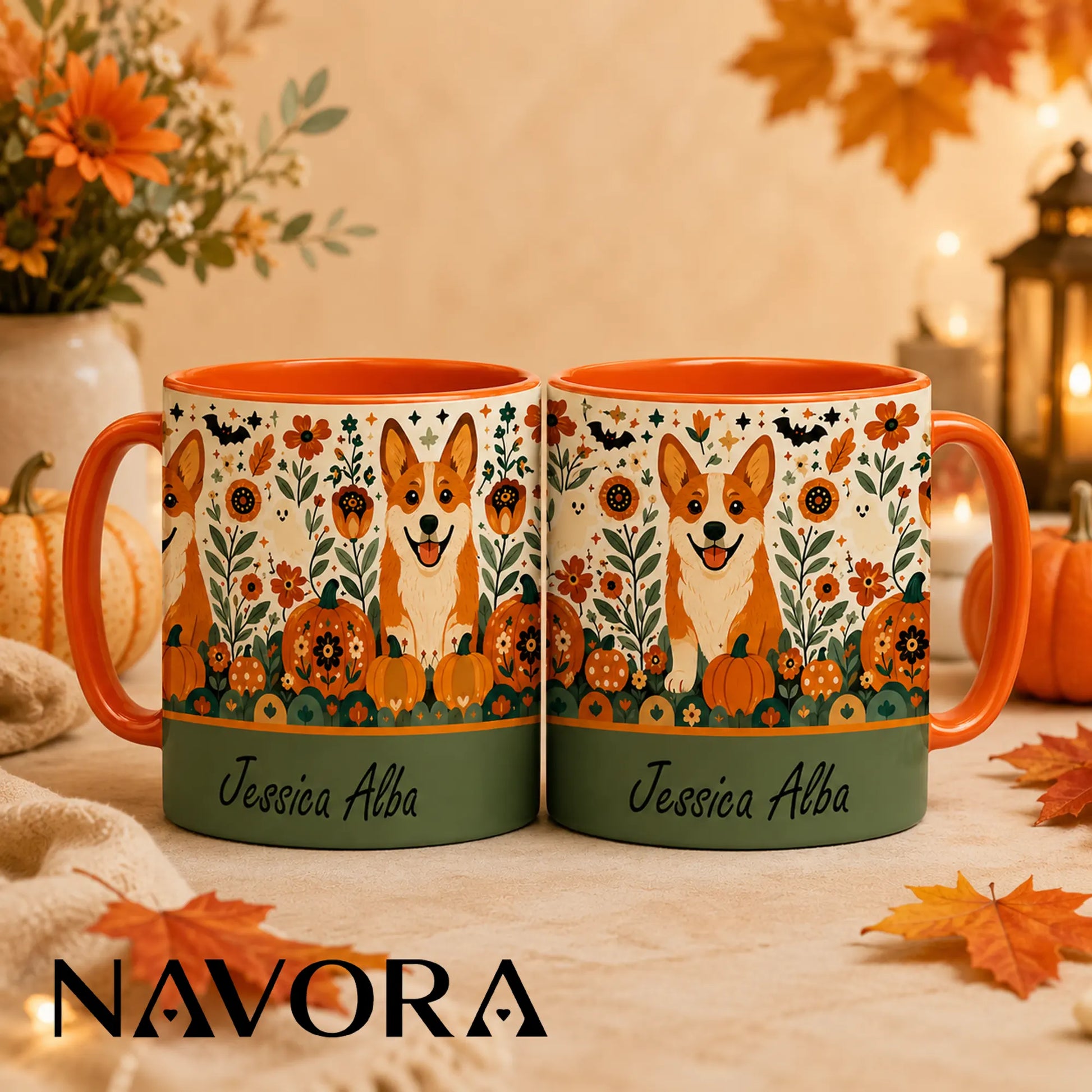Personalized Corgi Halloween accent mug with custom name, pumpkins, autumn flowers, ghosts and orange handle